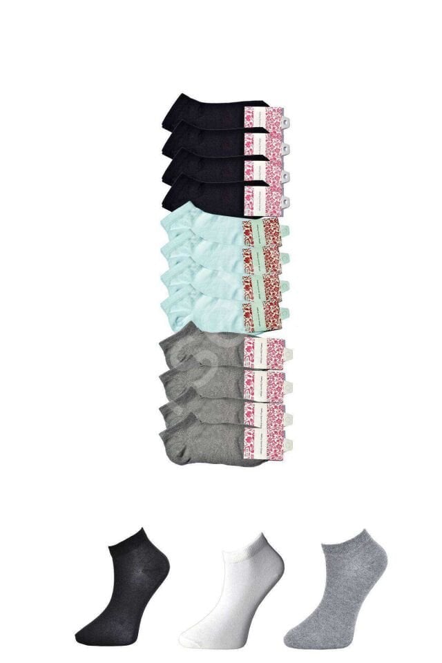Siyah Gri ve Beyaz Kadın Bilek Çorap 12 çift