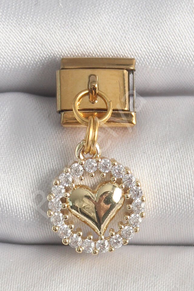 316L Çelik Gold Renk Sallantı Zirkon Taşlı Kalp Model Nomination Charm