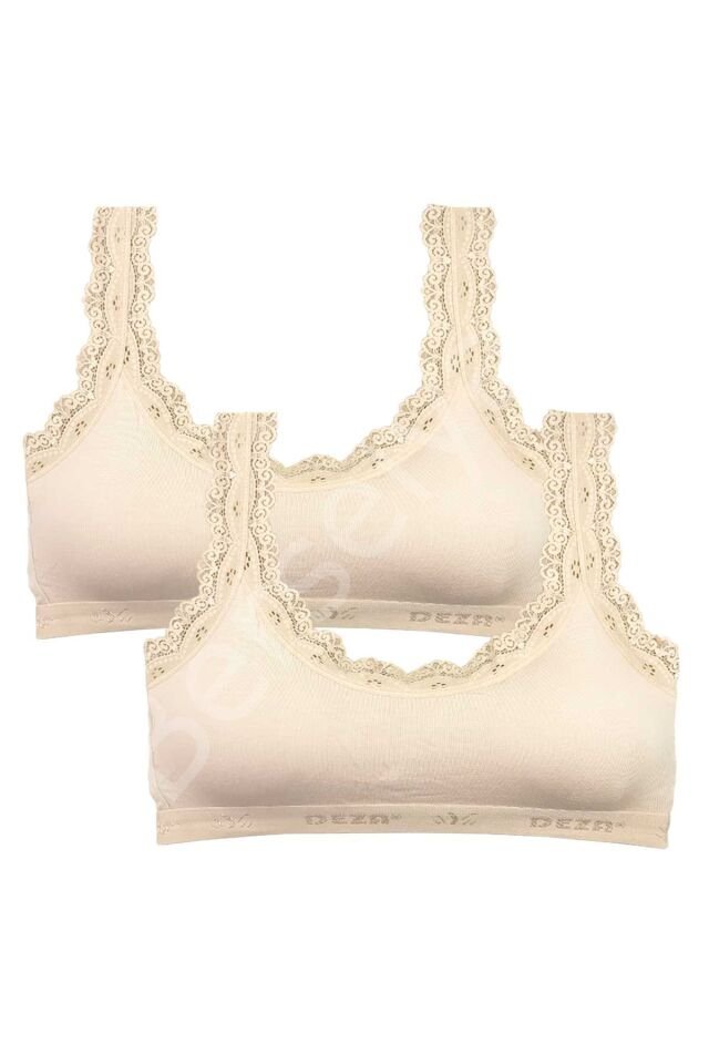 2 Adet Dantel Nakış İşlemeli Pedli Bambu Kadın Büstiyer Krem