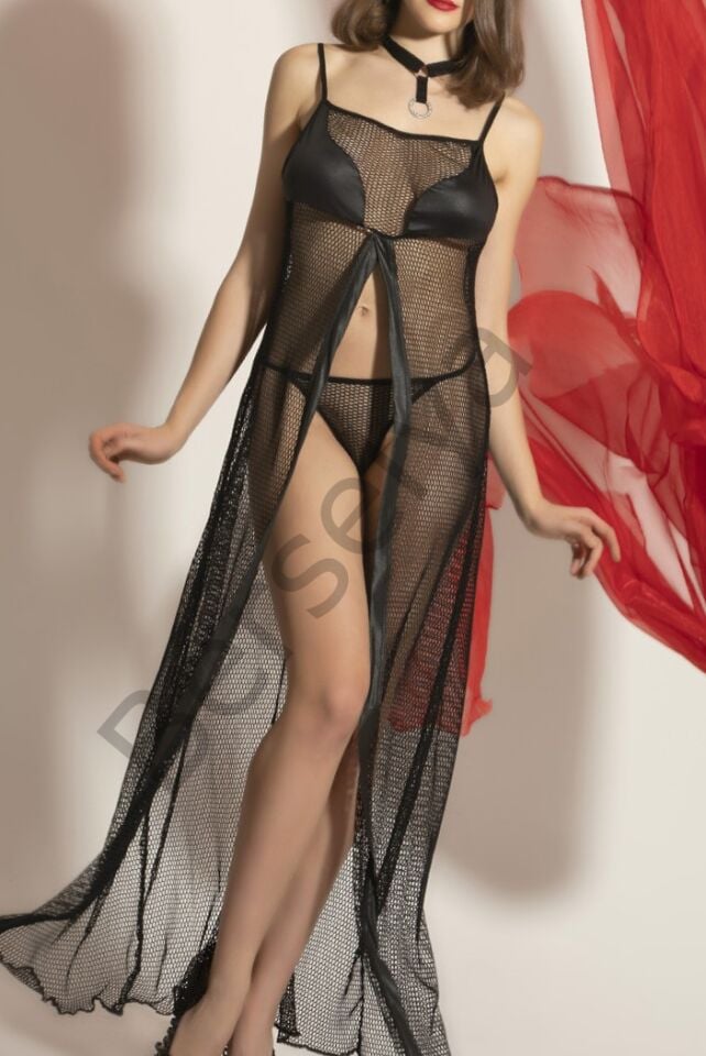 Transparan Fileli Uzun Babydoll Takım,dantel Detaylı Gecelik,tanga,boyunluk 3'lü Set