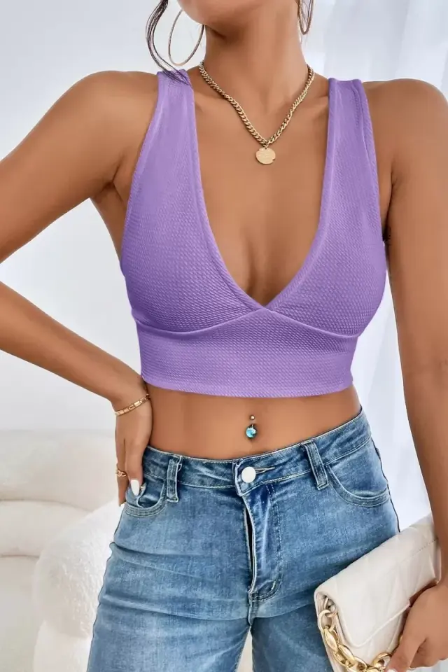 Kadın Lila Modern Fit Çapraz Sırt Detaylı Şık Crop Top Büstiyer