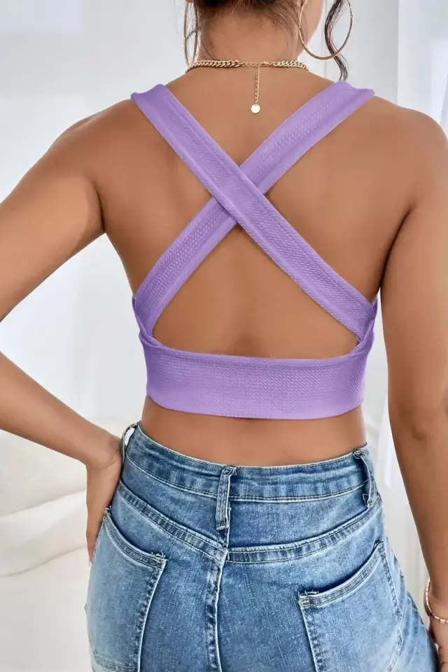 Kadın Lila Modern Fit Çapraz Sırt Detaylı Şık Crop Top Büstiyer