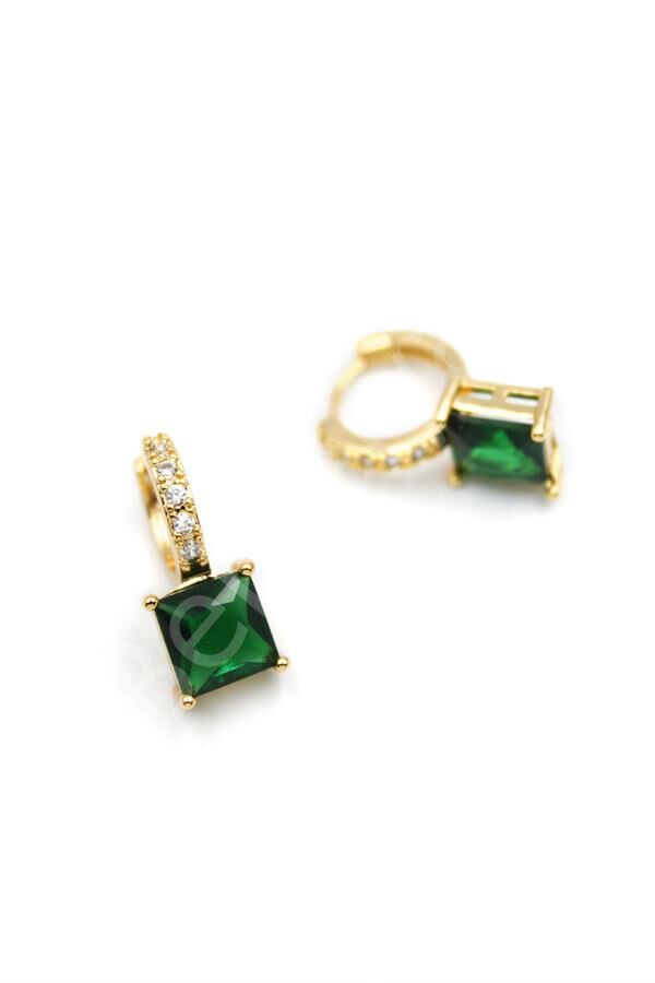 Kare Taşlı Küpe - Yeşil