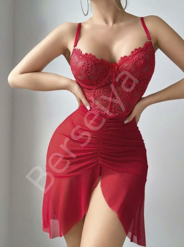 Kadın Ateş Kırmızısı Önden Yırtmaçlı Tül Fantezi Gecelik 2241