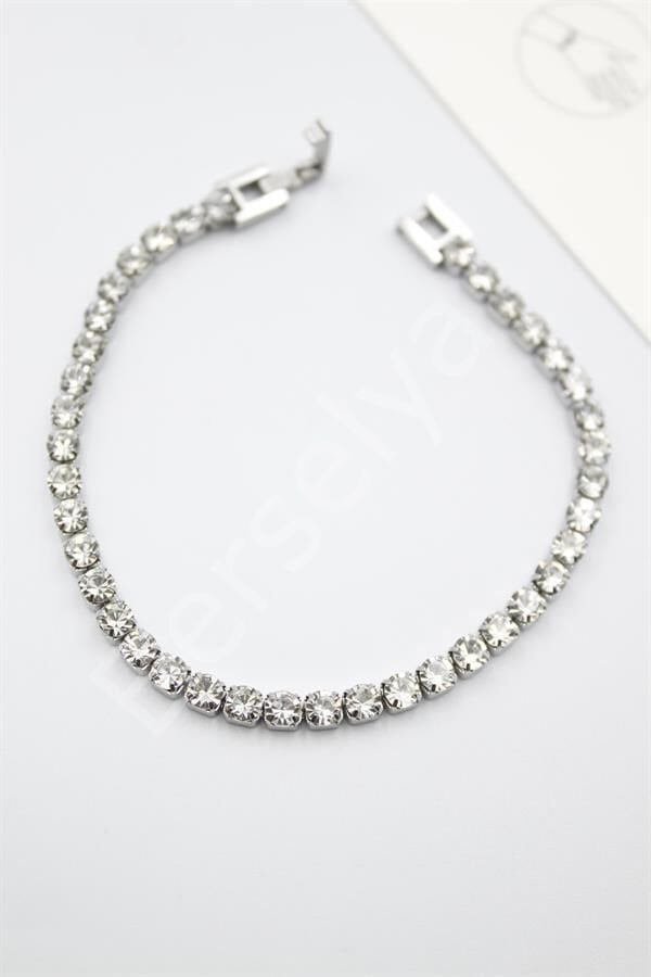 Taşlı Su Yolu Çelik Bileklik - Gümüş