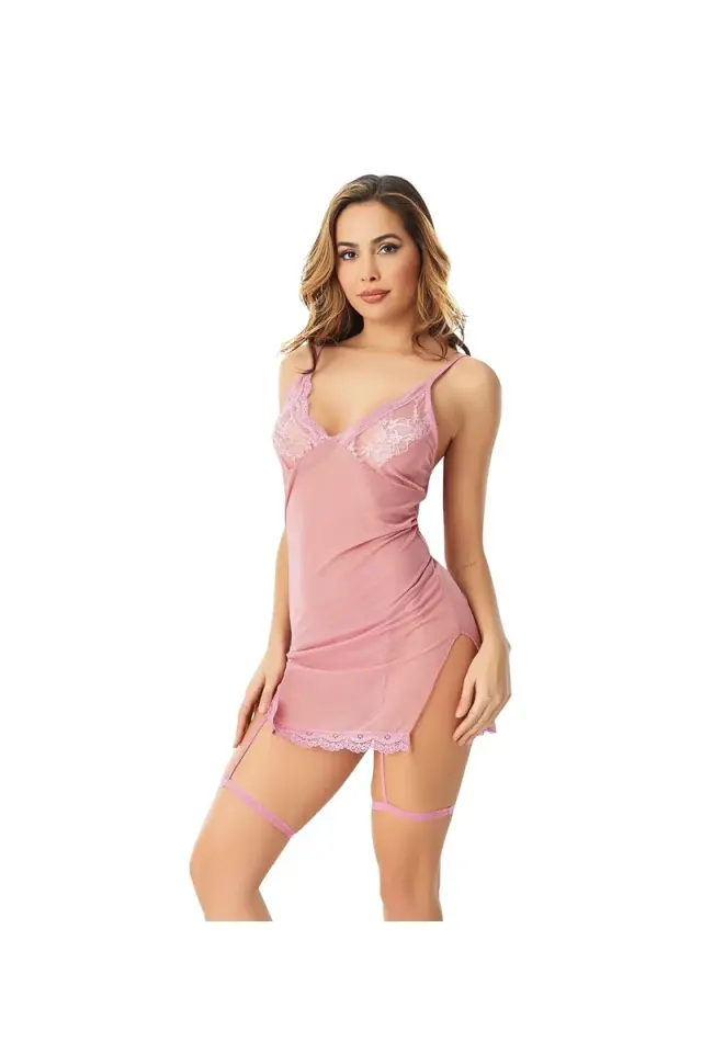 Kadın Seksi Toz Pembe Desen Sabahlık  Gecelik