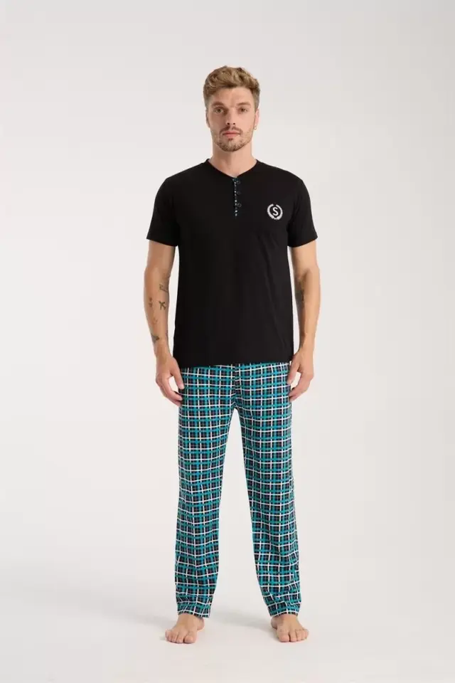 Erkek Düğmeli Yaka Siyah Kısa Kol Pijama Takımı