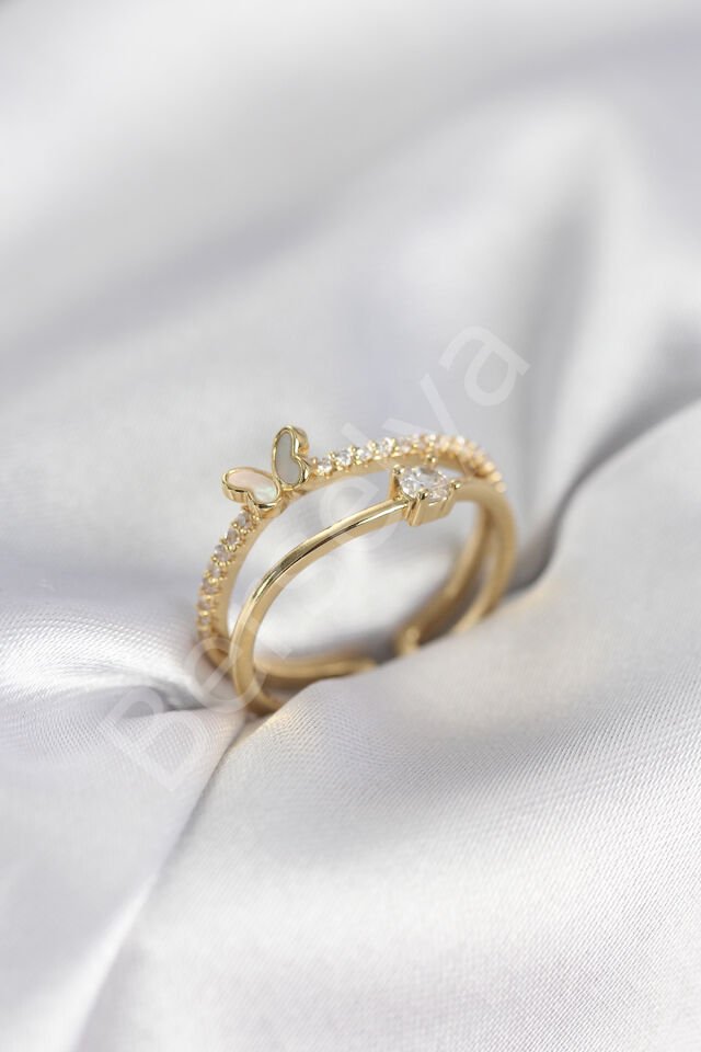 Gold Renk 2'li Zirkon Taşlı Kelebek Model Kadın Yüzük