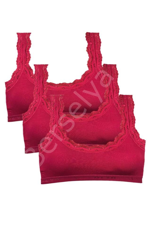 3 Adet Dantel Nakış İşlemeli Pedli Bambu Kadın Büstiyer Bordo
