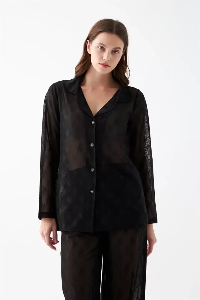 Kadın Siyah Şeffaf Jakar Düğmeli Pijama Takımı