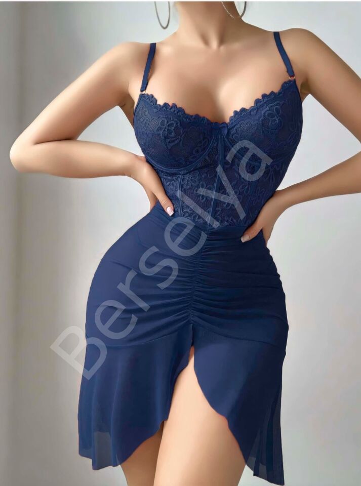 Kadın Mavi Transparan Dantel Detaylı Tül Fantezi Gecelik 2242