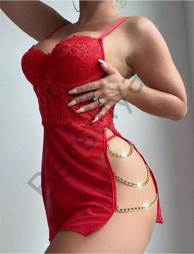 Kırmızı Dantelli Zincir Detaylı Tül Fantezi Gecelik