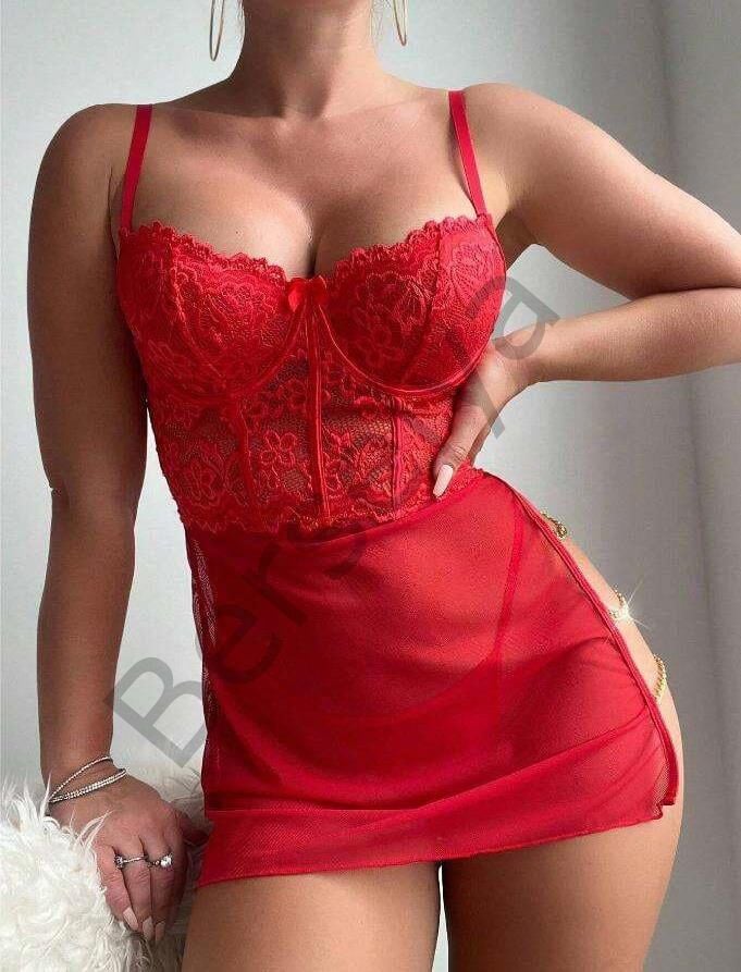 Kırmızı Dantelli Zincir Detaylı Tül Fantezi Gecelik