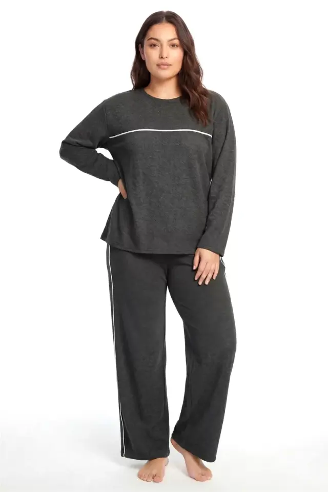 Büyük Beden Şerit Detaylı Kalın Uzun Kollu Kadın Pijama Takımı  Antrasit