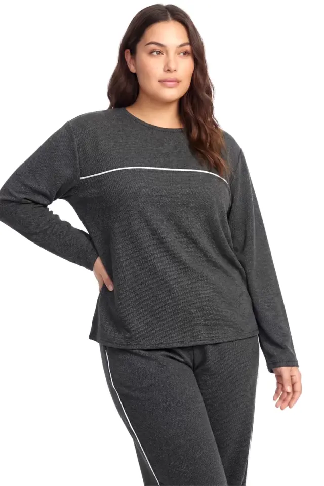 Büyük Beden Şerit Detaylı Kalın Uzun Kollu Kadın Pijama Takımı  Antrasit