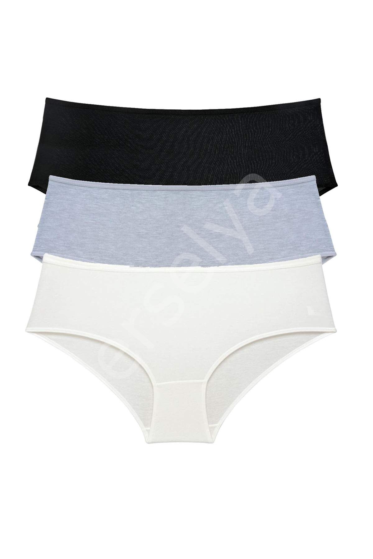 3 Adet Kadın Yüksek Bel Bato Külot Siyah Gri Krem