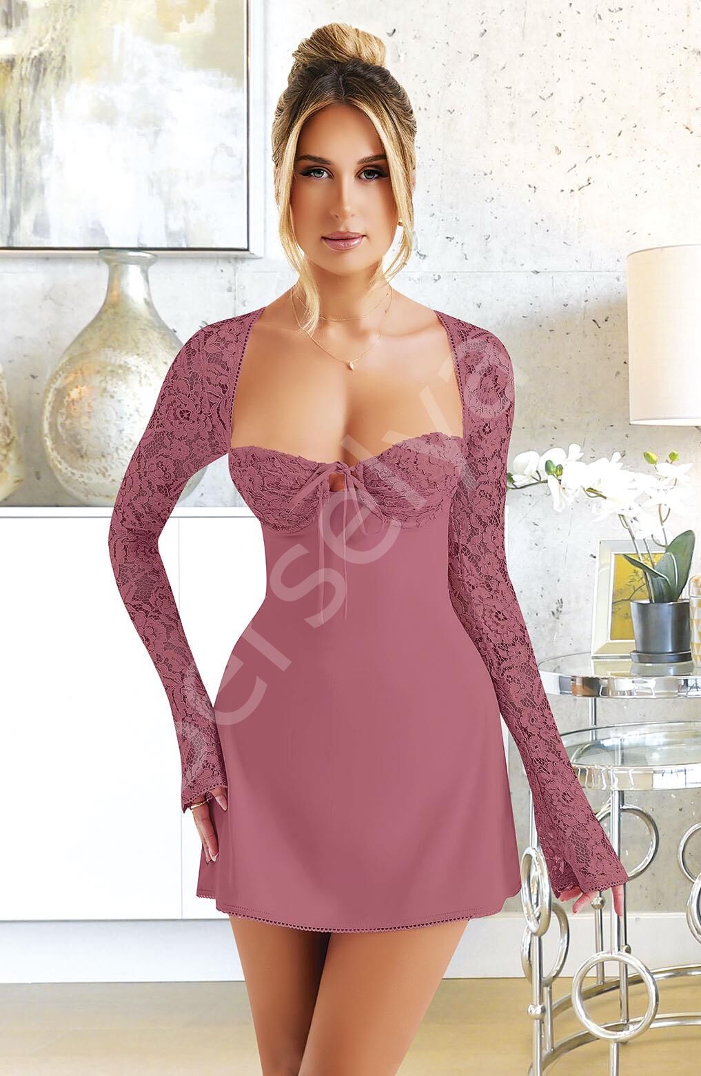 Özel Tasarım Dantel İşlemeli Şık Uzun Bolerolu Fuşya Fantezi Mini Club Elbisesi