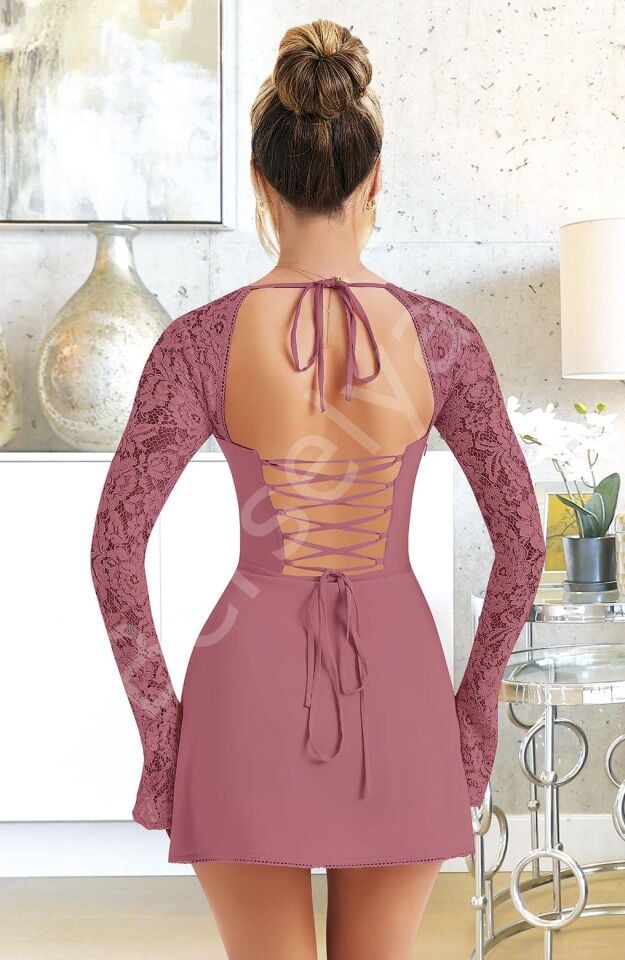 Özel Tasarım Dantel İşlemeli Şık Uzun Bolerolu Fuşya Fantezi Mini Club Elbisesi