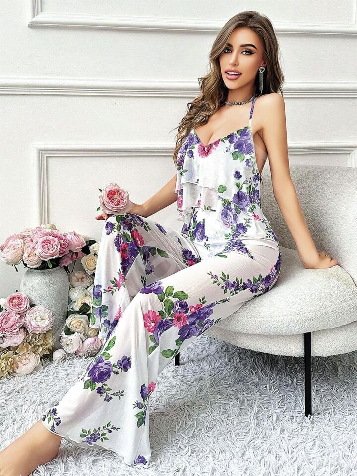 Özel Tasarım Çiçek Desenli Salaş Kesim Şık Sırt Dekolteli 2'li Takım