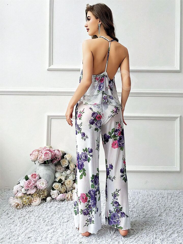 Özel Tasarım Çiçek Desenli Salaş Kesim Şık Sırt Dekolteli 2'li Takım