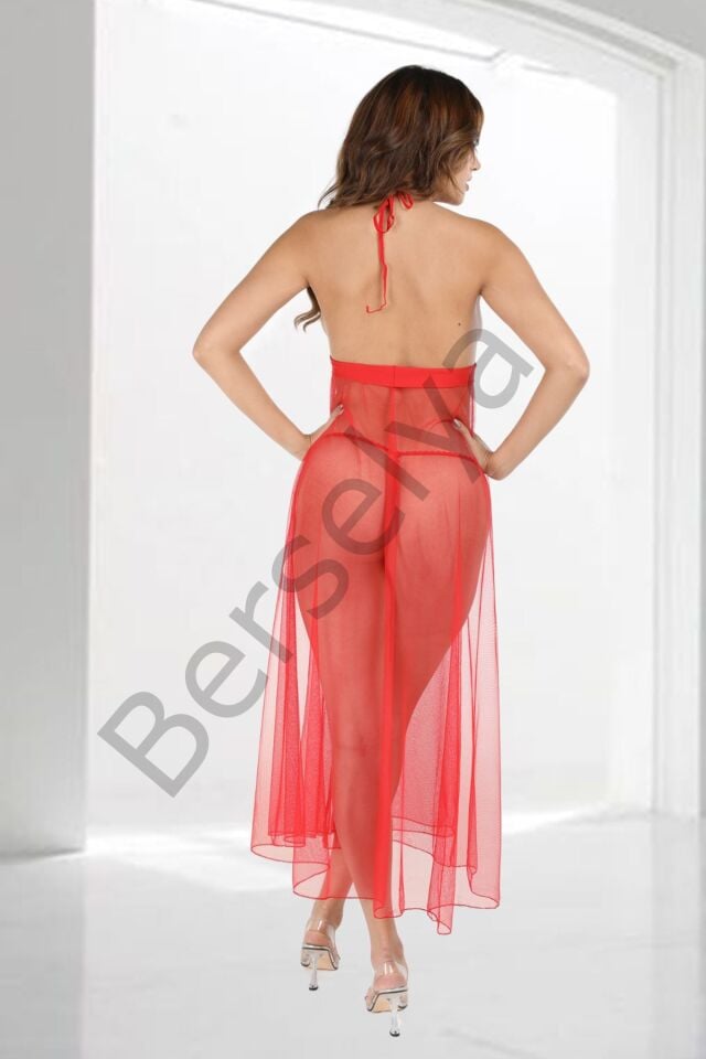 Kırmızı Dantelli Tül Gecelik - M057