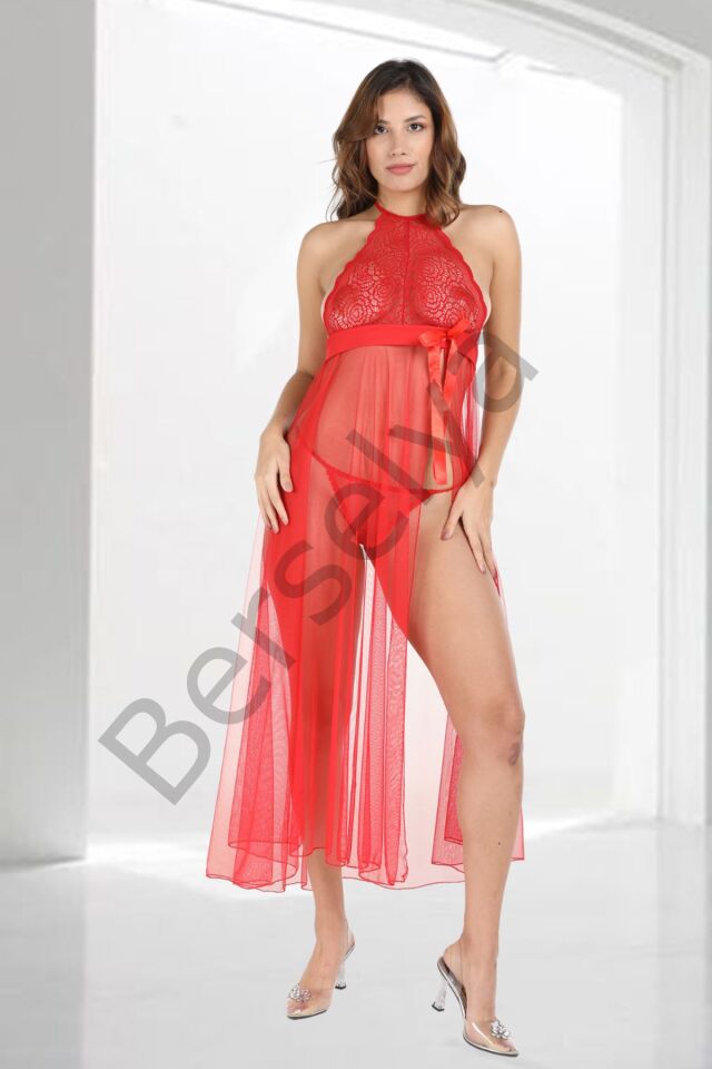 Kırmızı Dantelli Tül Gecelik - M057