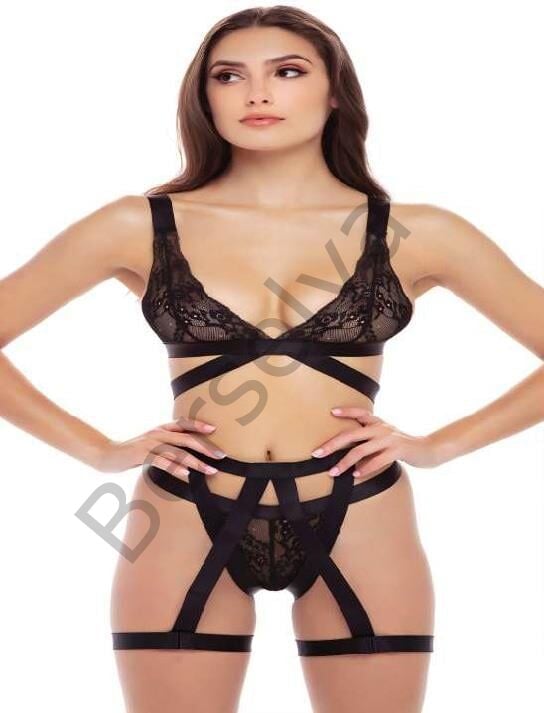 Siyah İp Aksesuarlı Fantezi Jartiyer Takım