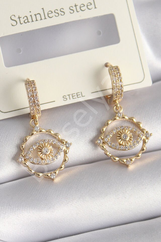 Pirinç Gold Renk Zirkon Taşlı Göz Model Kadın Küpe