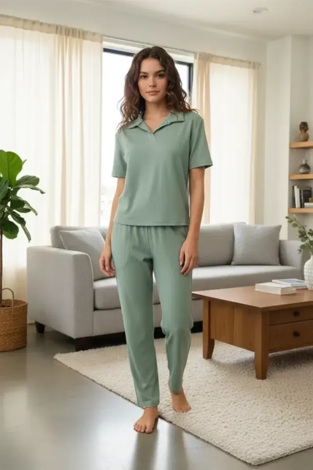 Özel Tasarım Kadın Yeşil Polo Yaka Pijama Takımı %100 Pamuk