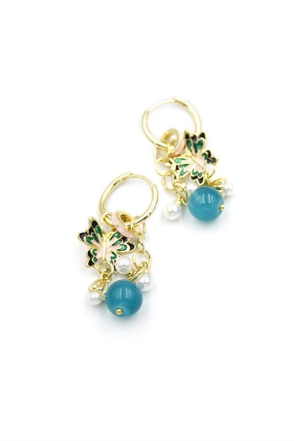 Boncuklu Kelebek Küpe - Pembe