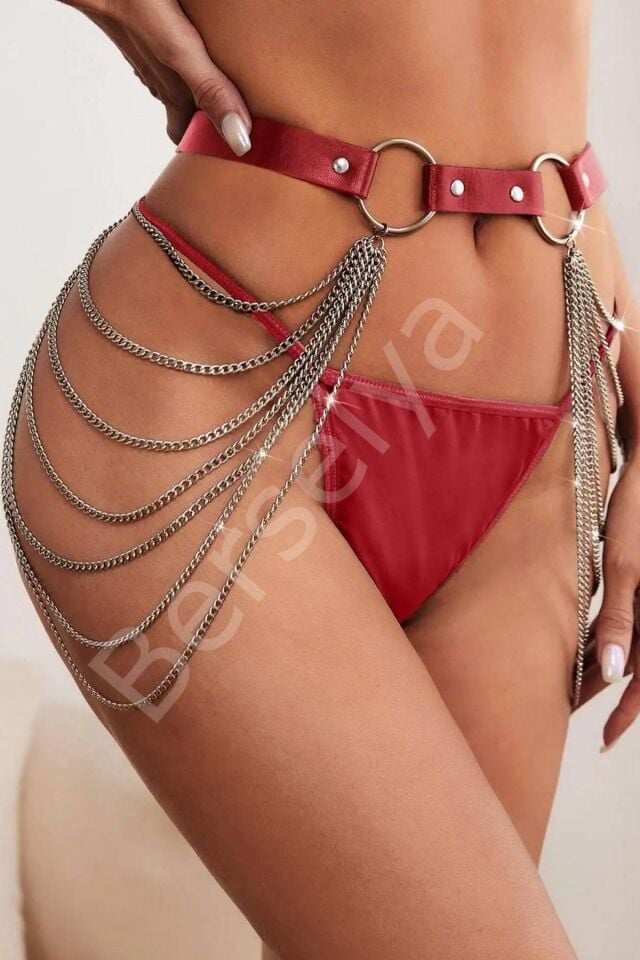 Kırmızı Belden Bağlamalı Zincirli Deri Harness 800283
