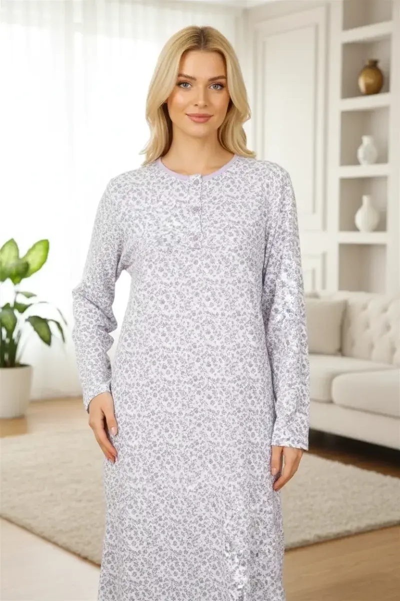 Özel Tasarım Kadın Mor Uzun Kollu Gecelik Anne Modeli