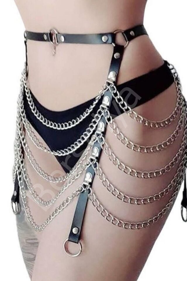 Deri Belden Tutturmalı Zincirli Sezy Harnes 800202