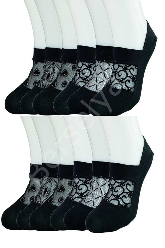 12 Adet Önü Transparan Kadın Fantezi Desenli Babet Çorap