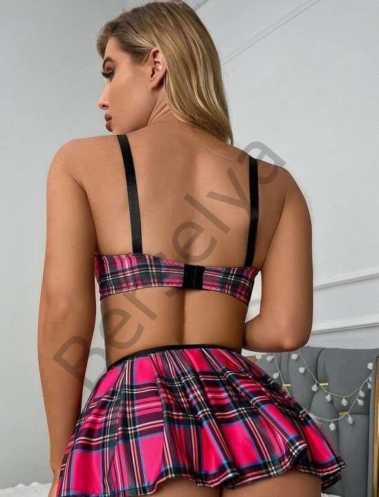 Ekose Etek Desenli Sütyenli Fantezi Kostüm