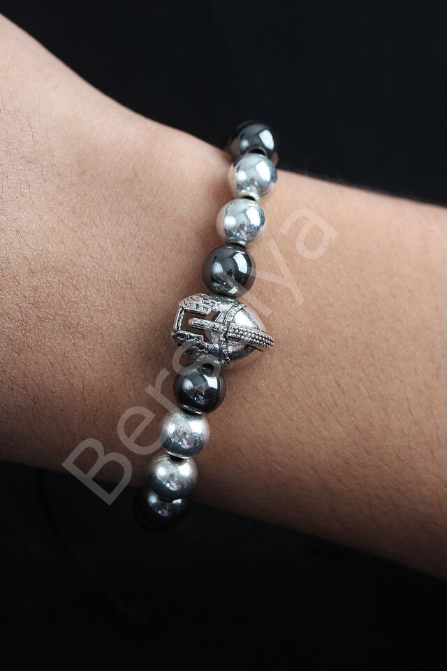 Doğal Taş Gladyatör Model Gümüş Ve Füme Renk Asansörlü Erkek Bileklik