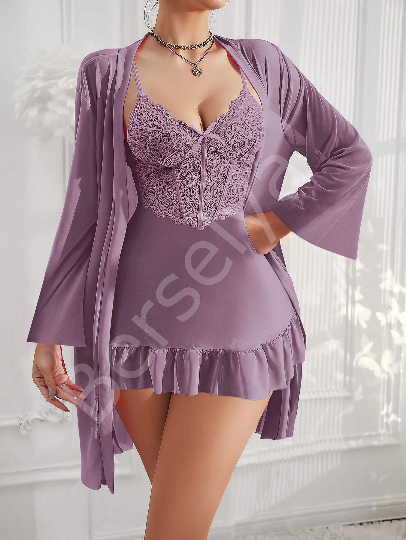 Özel Tasarım Dantel İşlemeli Fırfırlı Sabahlıklı 2'li Mor Gecelik Takımı