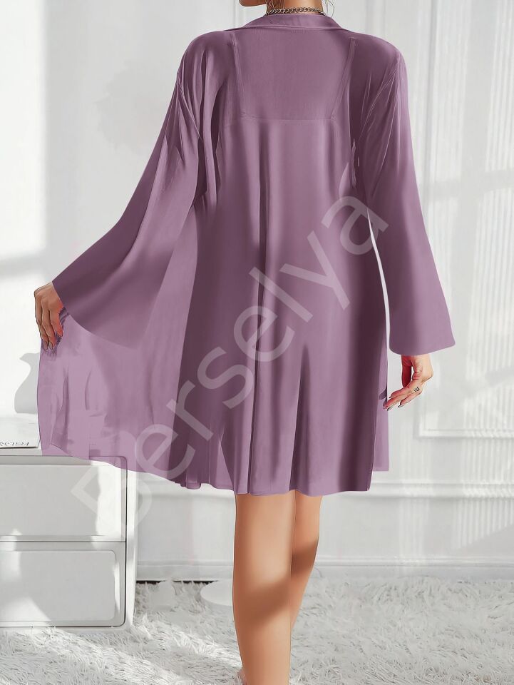 Özel Tasarım Dantel İşlemeli Fırfırlı Sabahlıklı 2'li Mor Gecelik Takımı