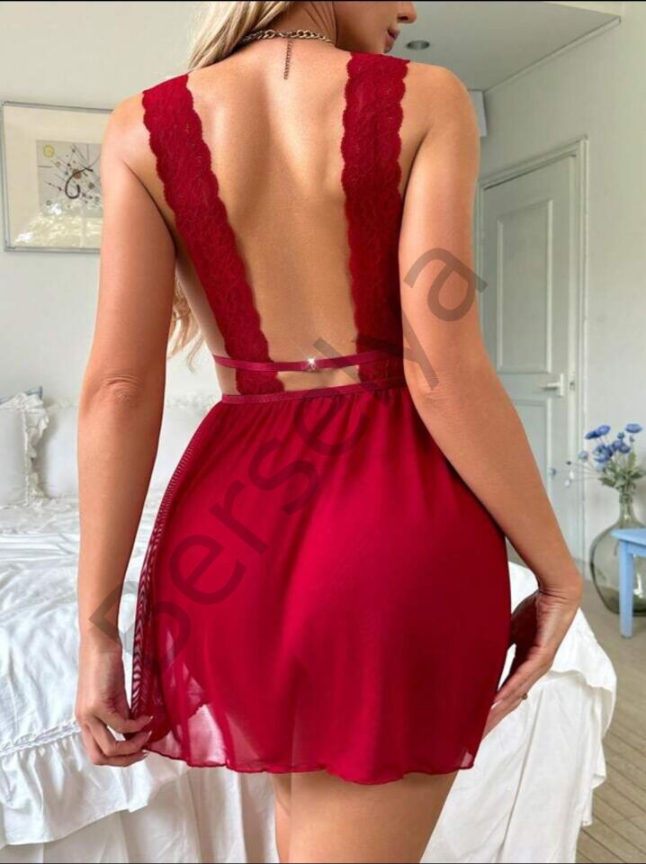 Kırmızı Dantel İşlemeli Tül Fantezi Gecelik