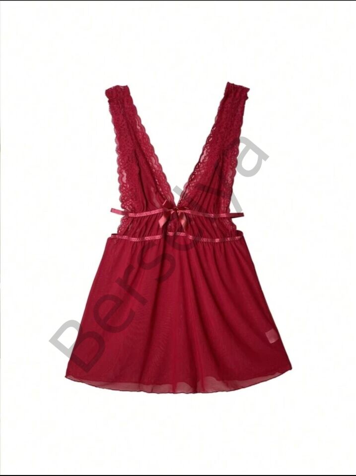 Kırmızı Dantel İşlemeli Tül Fantezi Gecelik