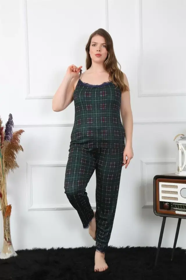 Premium Kadın Büyük Beden İp Askılı Pijama Takımı Yeşil Ekose