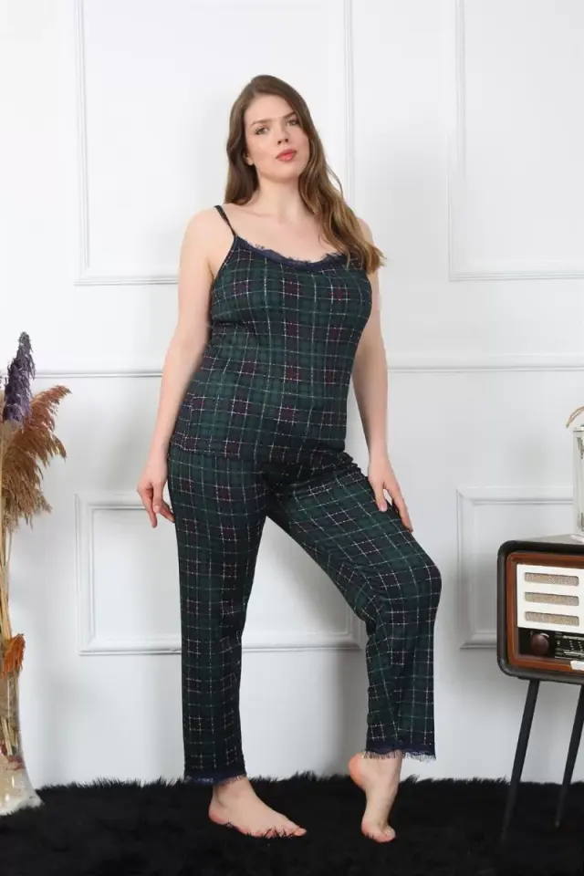 Premium Kadın Büyük Beden İp Askılı Pijama Takımı Yeşil Ekose