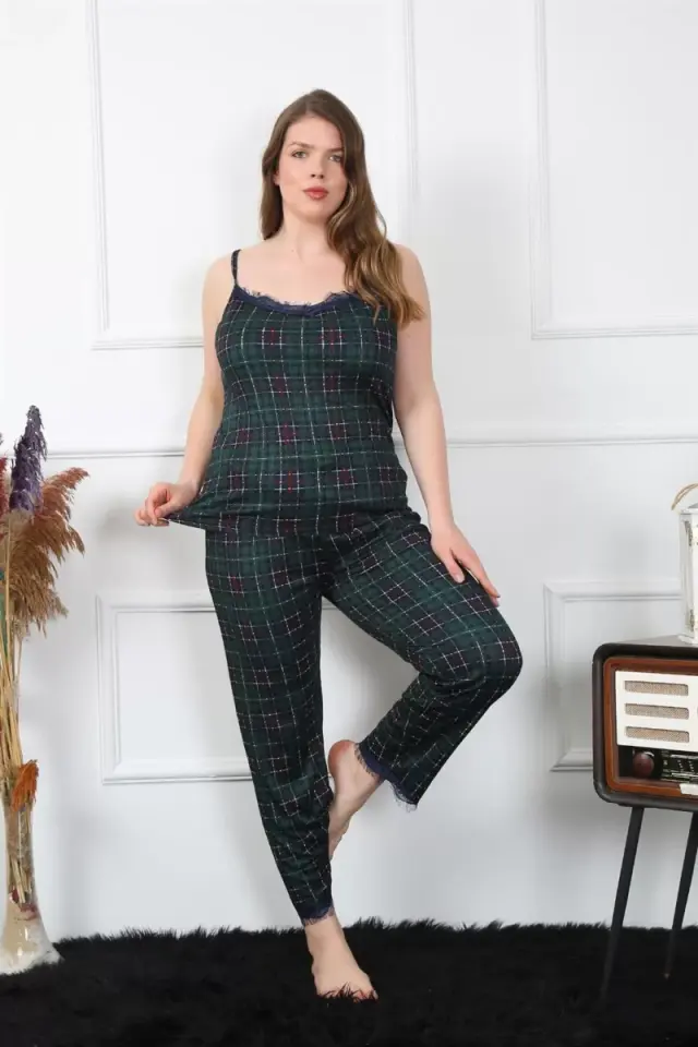 Premium Kadın Büyük Beden İp Askılı Pijama Takımı Yeşil Ekose