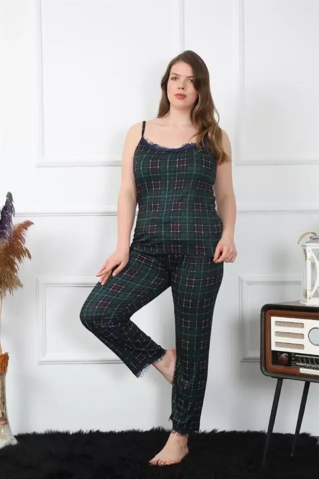 Premium Kadın Büyük Beden İp Askılı Pijama Takımı Yeşil Ekose
