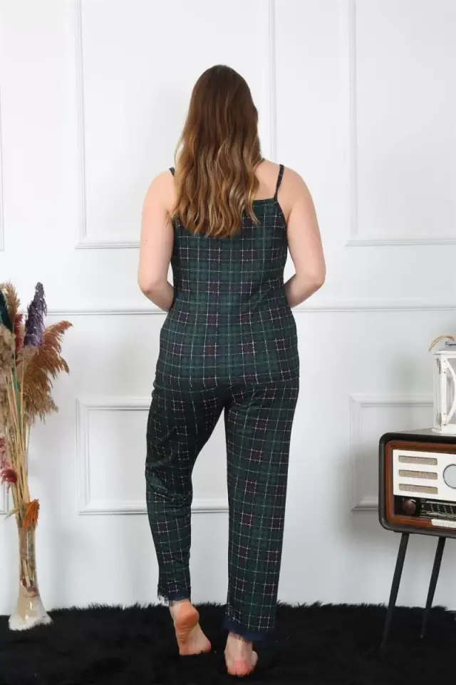 Premium Kadın Büyük Beden İp Askılı Pijama Takımı Yeşil Ekose