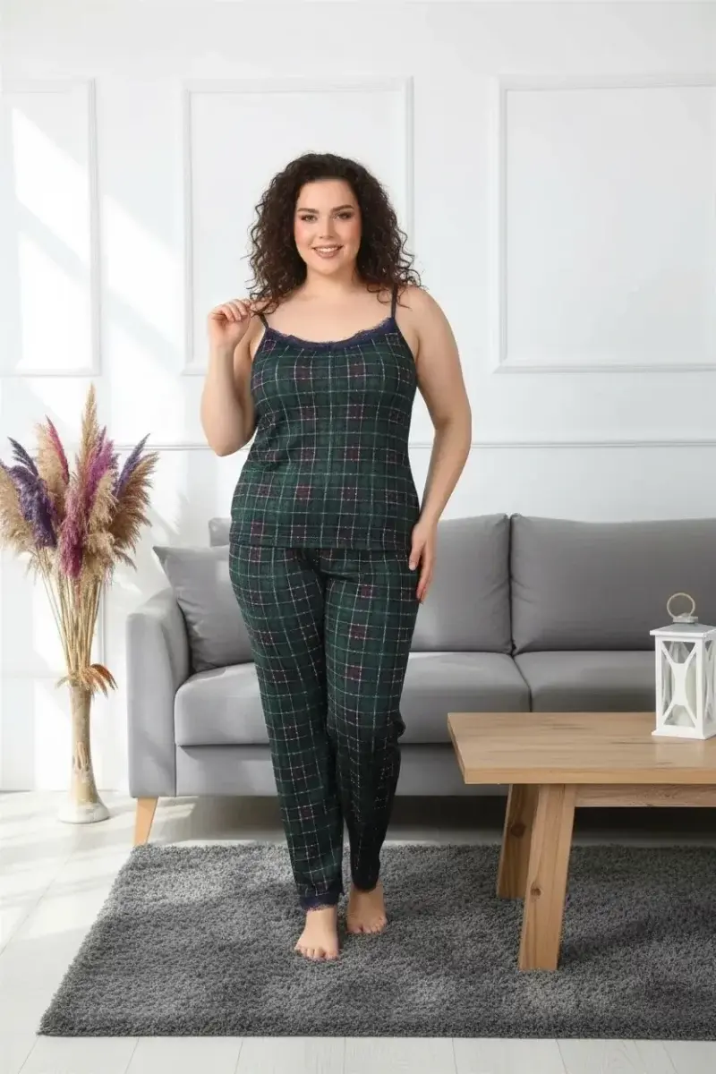 Premium Kadın Büyük Beden İp Askılı Pijama Takımı Yeşil Ekose