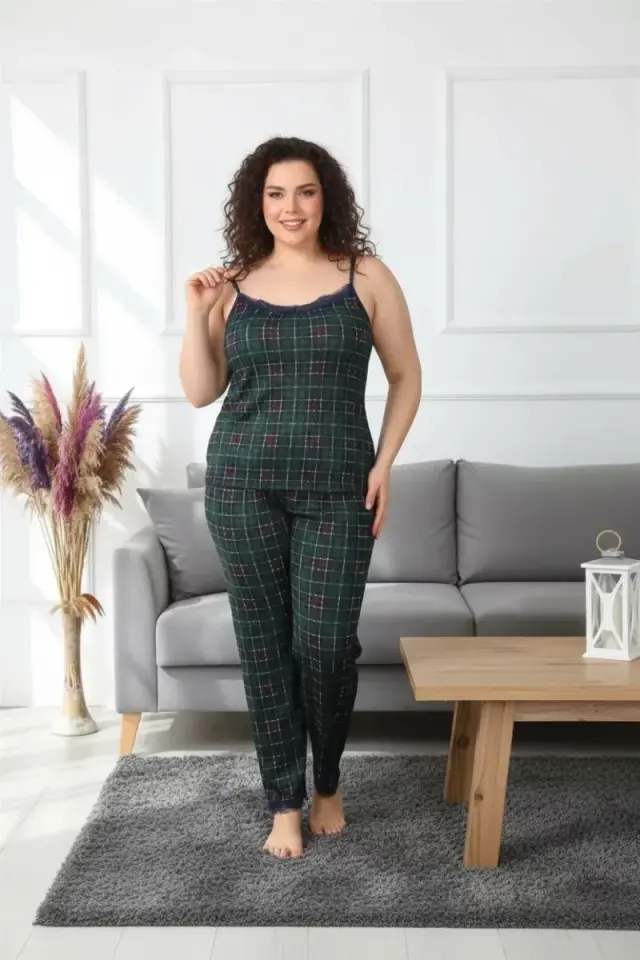 Premium Kadın Büyük Beden İp Askılı Pijama Takımı Yeşil Ekose