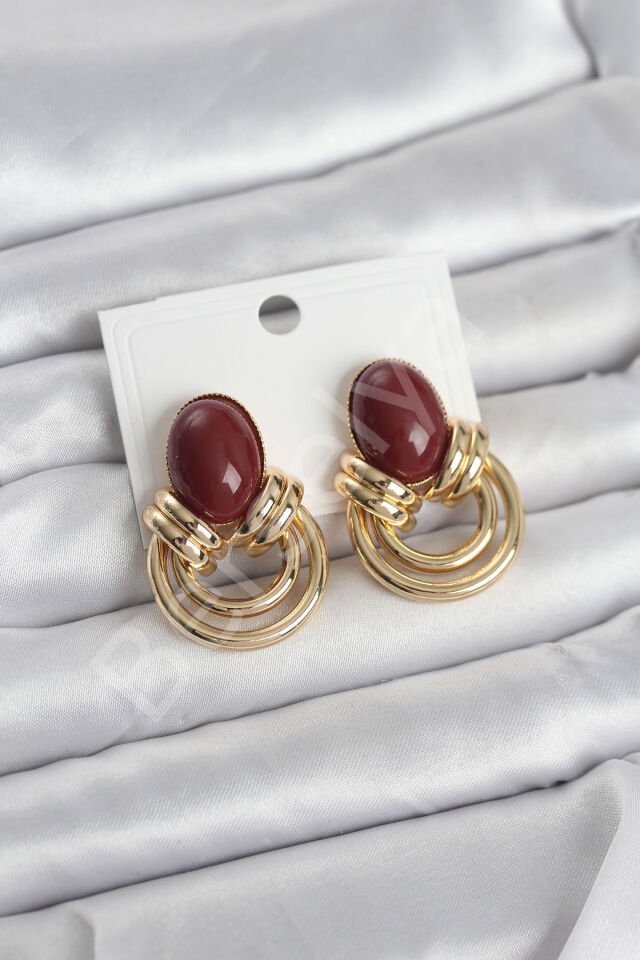 Pirinç Gold Renk Bordo Taşlı Vintage Kadın Küpe