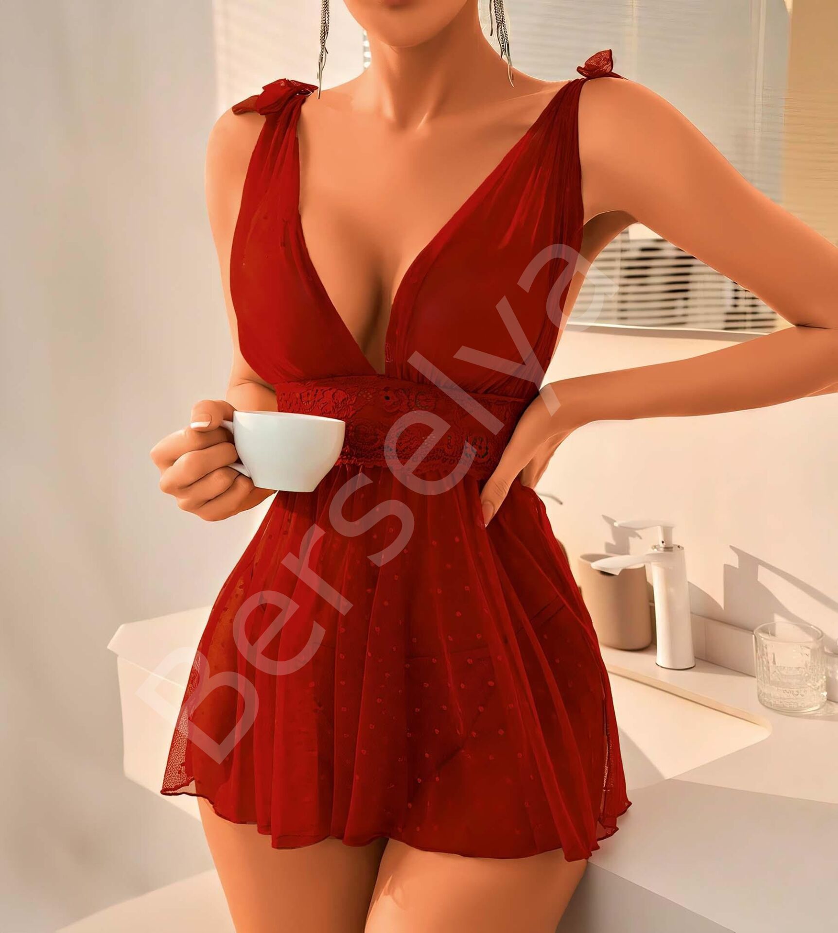 Bordo Dantel İşlemeli Puantiyeli Tül Fantezi Gecelik