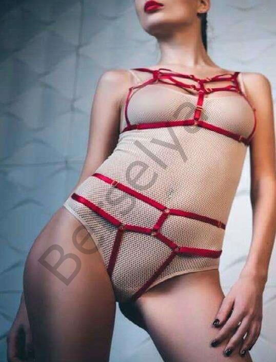 Kırmızı Fantezi Deri Sütyen Külot Harness